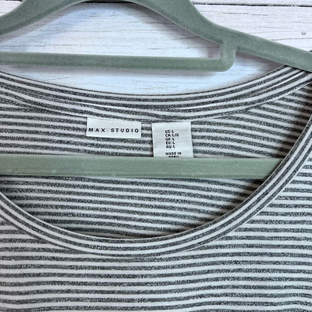 Max Studio Gray White Striped Scoop Neck Twist Front Short Sleeve Top Large 💗 - Picture 4 of 6